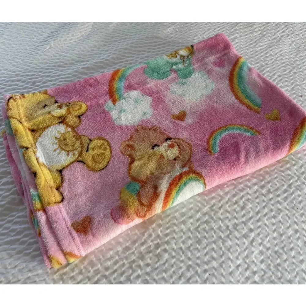 Care Bears Plush Throw Blanket 46x60 Pink Rainbow Hearts Super Soft NWT Franco